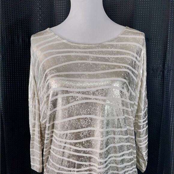 NWOT! CHICO'S! GOLD METALLIC & CREAM ABSTRACT STRIPE OVERSIZED TUNIC TOP! SZ S - Picture 3 of 13